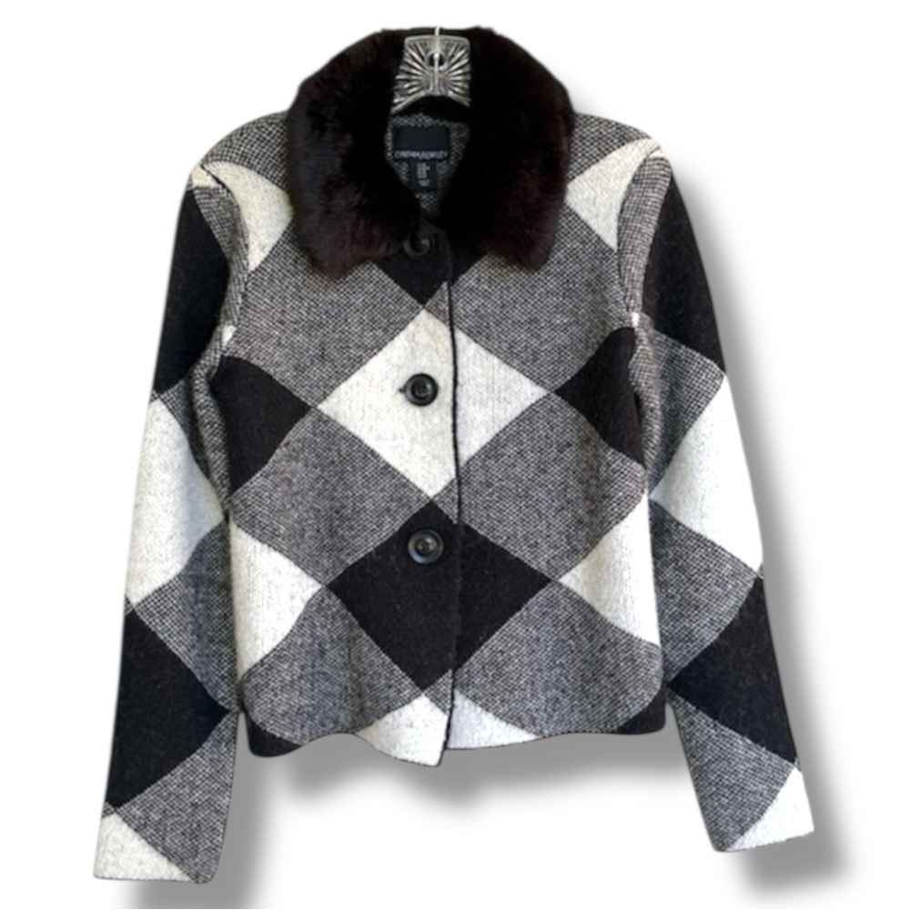 Cynthia Rowley Black/White Argyle Cardigan w Removable Faux Fur Collar Medium